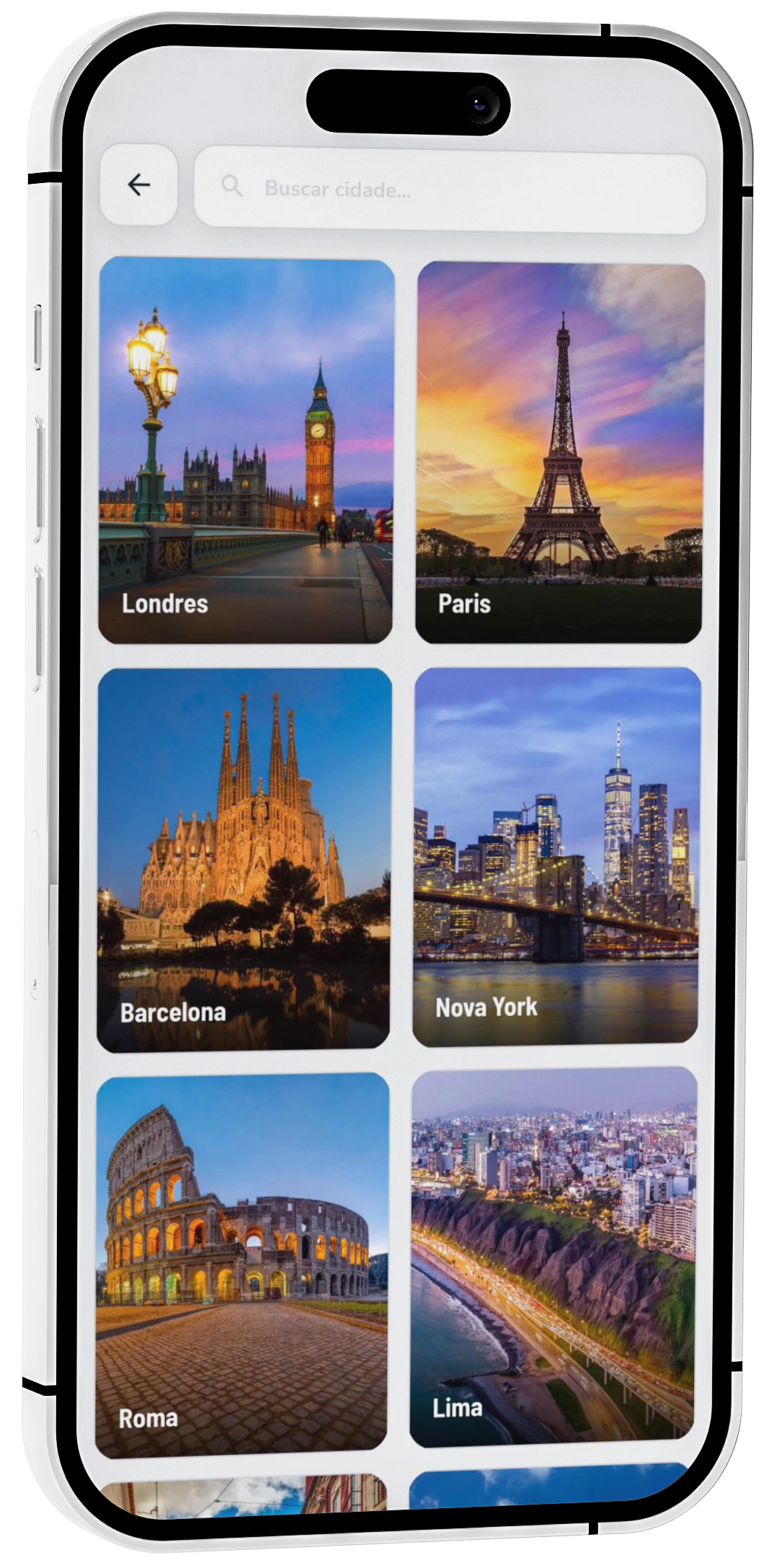 Recomendações em cidades pelo mundo no app